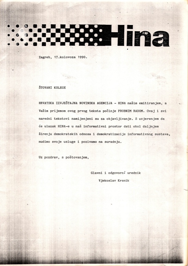Prva vijest HINA-e